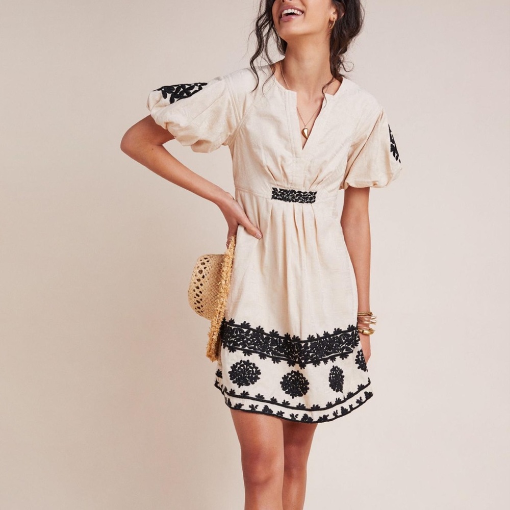 NWT Anthropologie Orla Embroidered Dress textured cream, black accents, POCKETS!